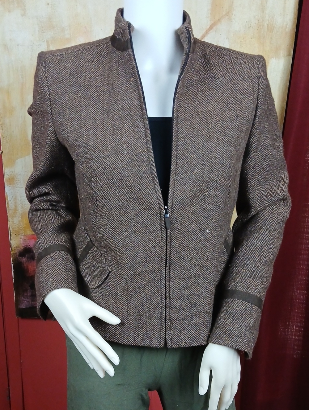Vintage Kasper Petite Brown Herringbone Wool Blend Zip Up Blazer Size 2P
